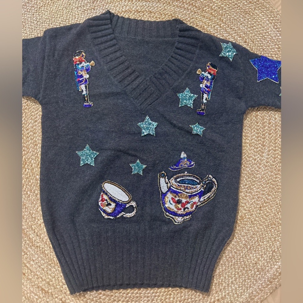 Women's Black Sweater with Star and Teapot Design(BlingBling for holiday)